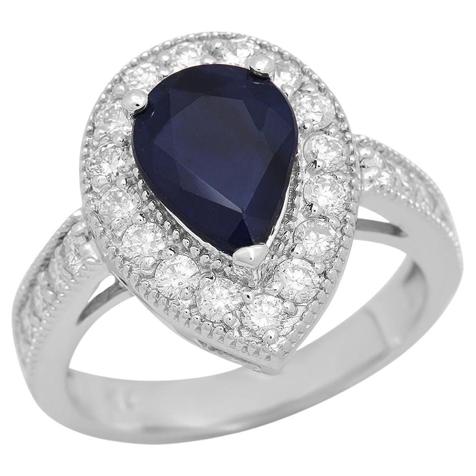 3.90 Carats Natural Blue Sapphire and Diamond 14K Solid White Gold Ring For Sale