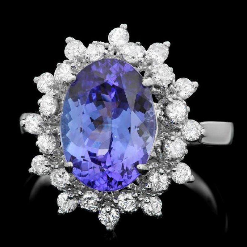 Mixed Cut 3.90 Carats Natural Tanzanite and Diamond 14K Solid White Gold Ring For Sale