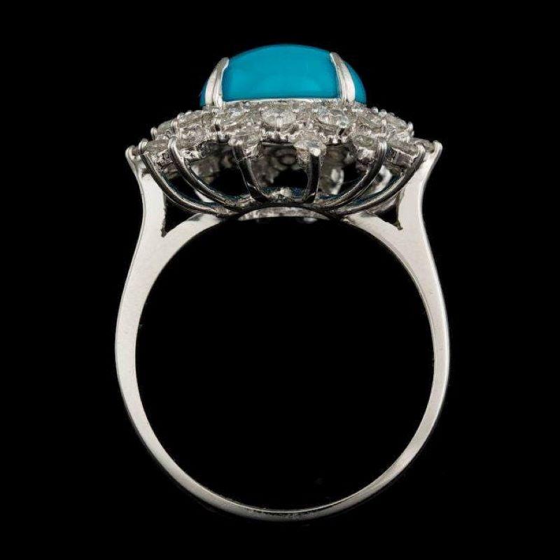 Mixed Cut 3.90 Carats Natural Turquoise and Diamond 14k Solid White Gold Ring For Sale