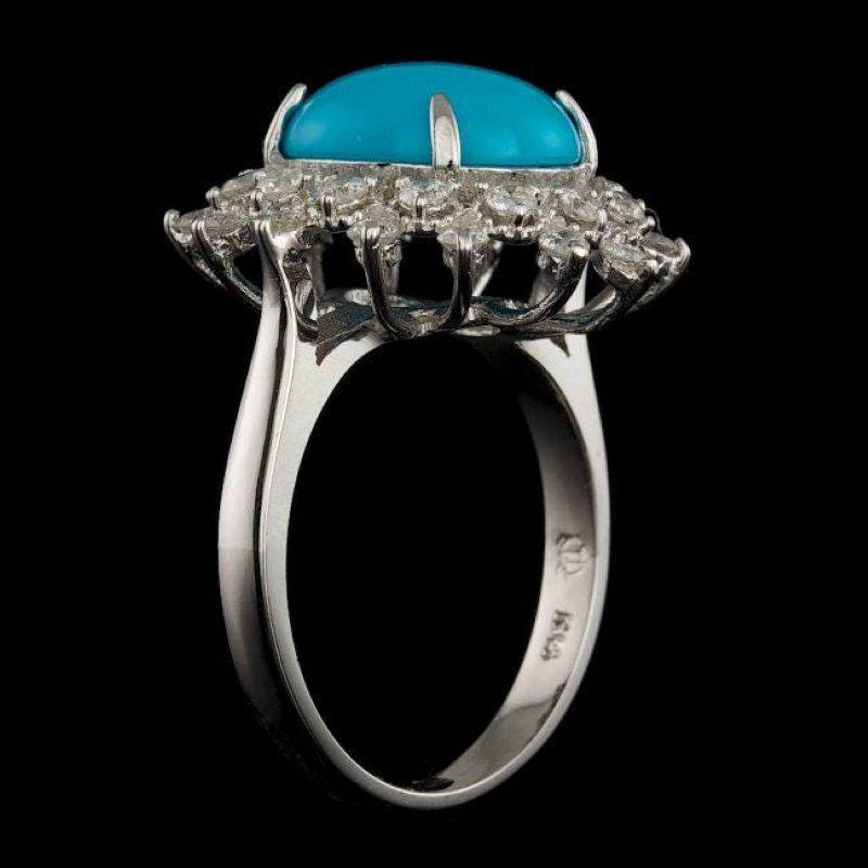 3.90 Carats Natural Turquoise and Diamond 14k Solid White Gold Ring In New Condition For Sale In Los Angeles, CA