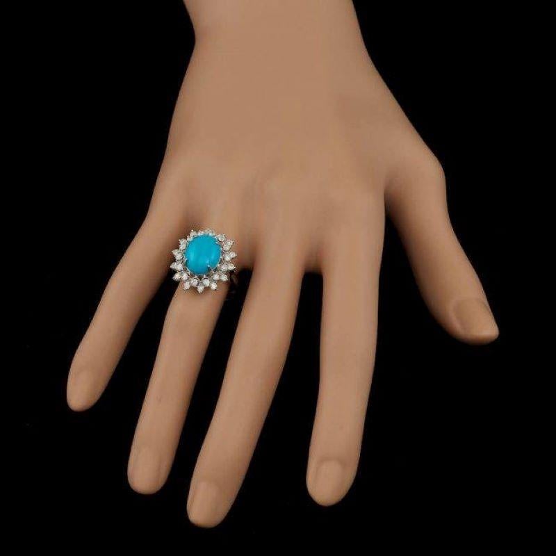 3.90 Carats Natural Turquoise and Diamond 14k Solid White Gold Ring For Sale 1