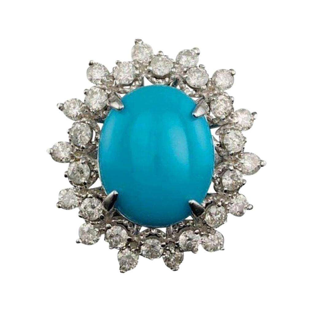 3.90 Carats Natural Turquoise and Diamond 14k Solid White Gold Ring For Sale