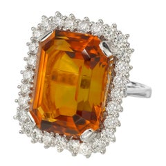 23.00 Carat Orange Rectangle Citrine Diamond Halo White Gold Cocktail Ring