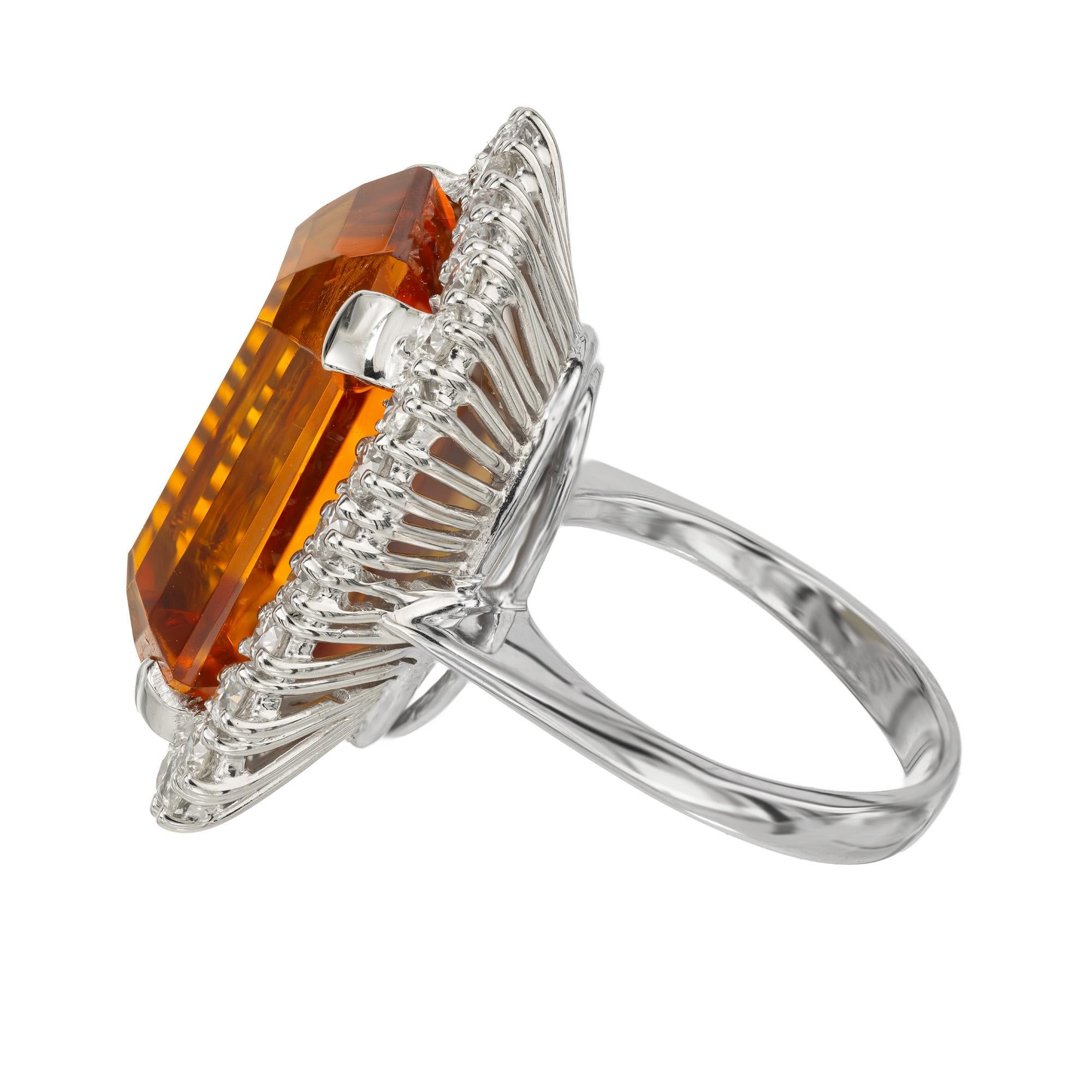 Round Cut 39.00 Carat Orange Rectangle Citrine Diamond Halo White Gold Cocktail Ring For Sale