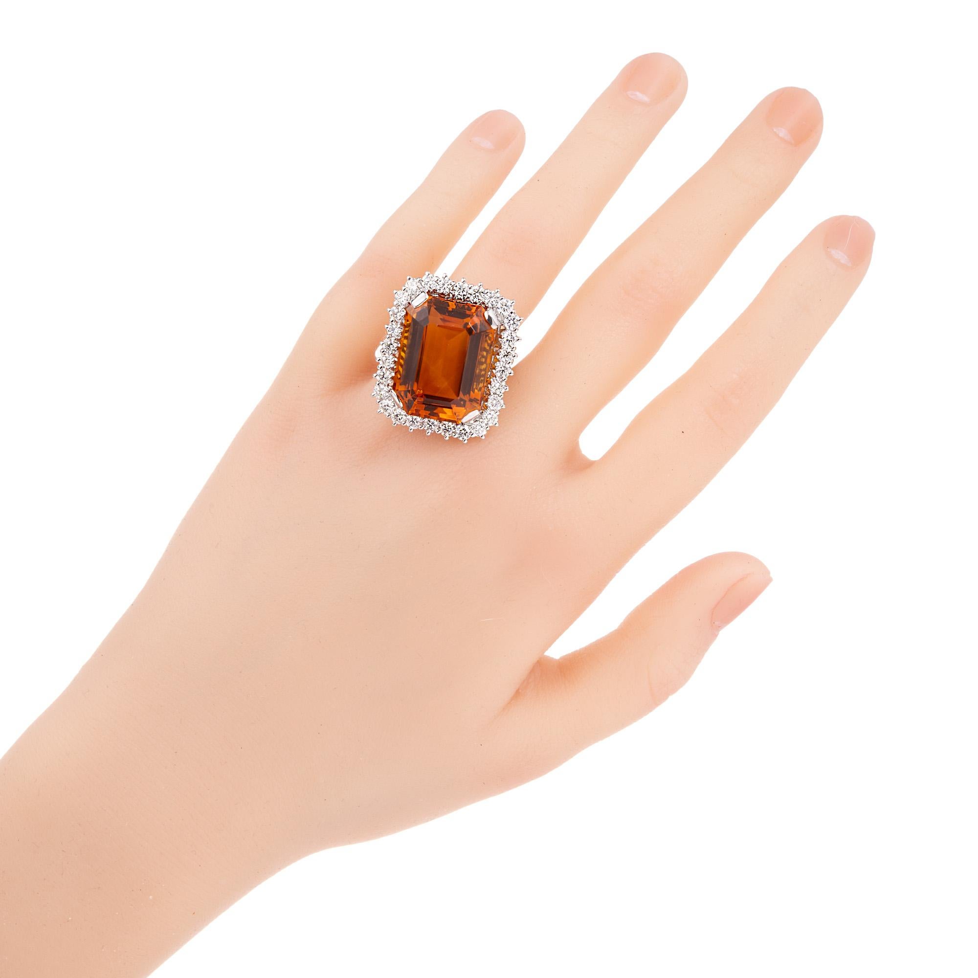 39.00 Carat Orange Rectangle Citrine Diamond Halo White Gold Cocktail Ring For Sale 1