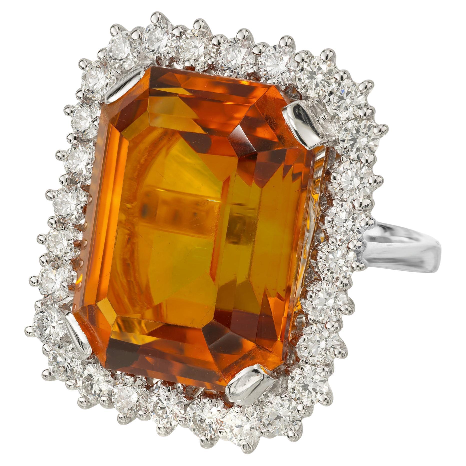 39.00 Carat Orange Rectangle Citrine Diamond Halo White Gold Cocktail Ring For Sale