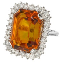 39.00 Carat Orange Rectangle Citrine Diamond Halo White Gold Cocktail Ring