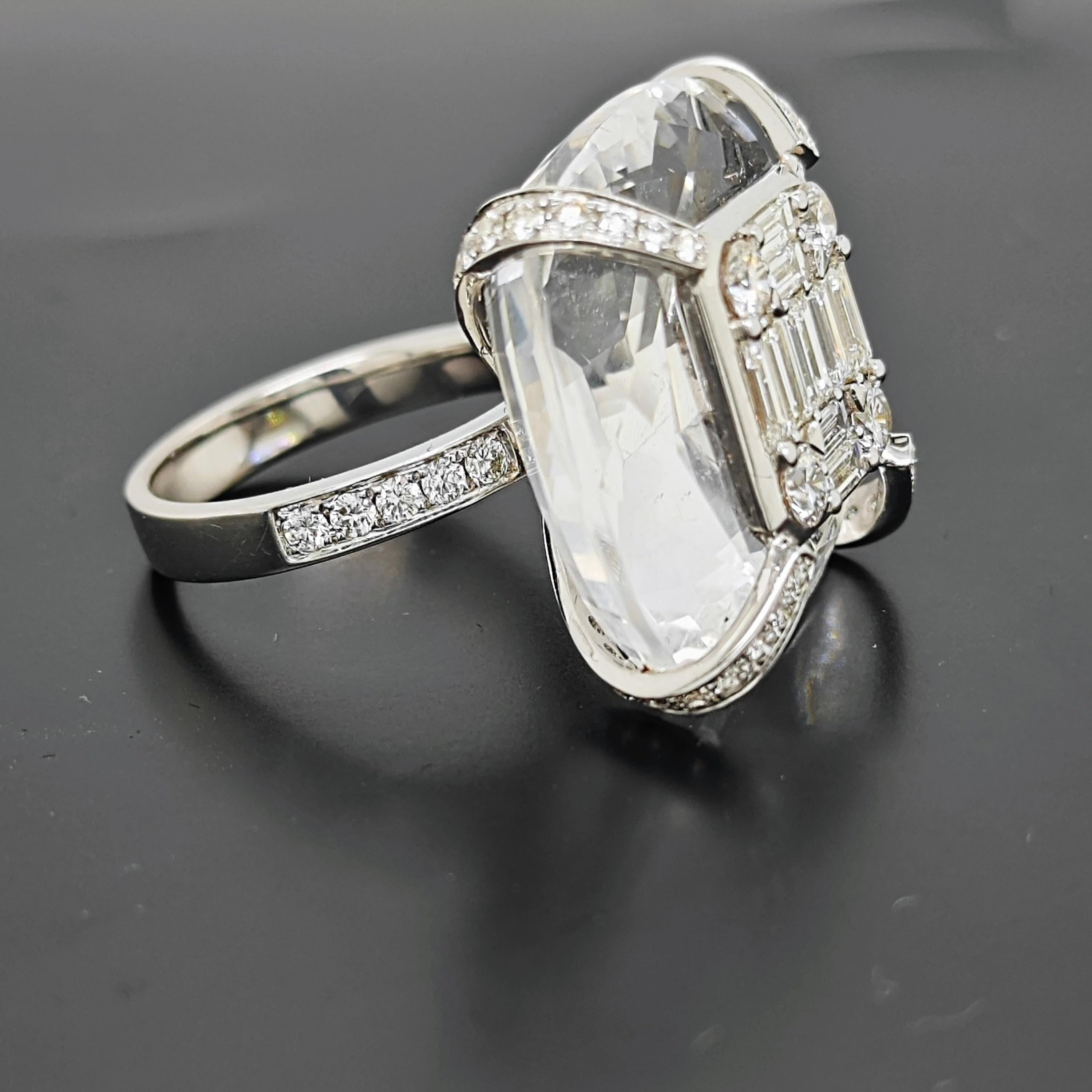 Baguette Cut 39.05 Carat Baguette Diamond Cushion Cut Crystal White Gold Ring For Sale