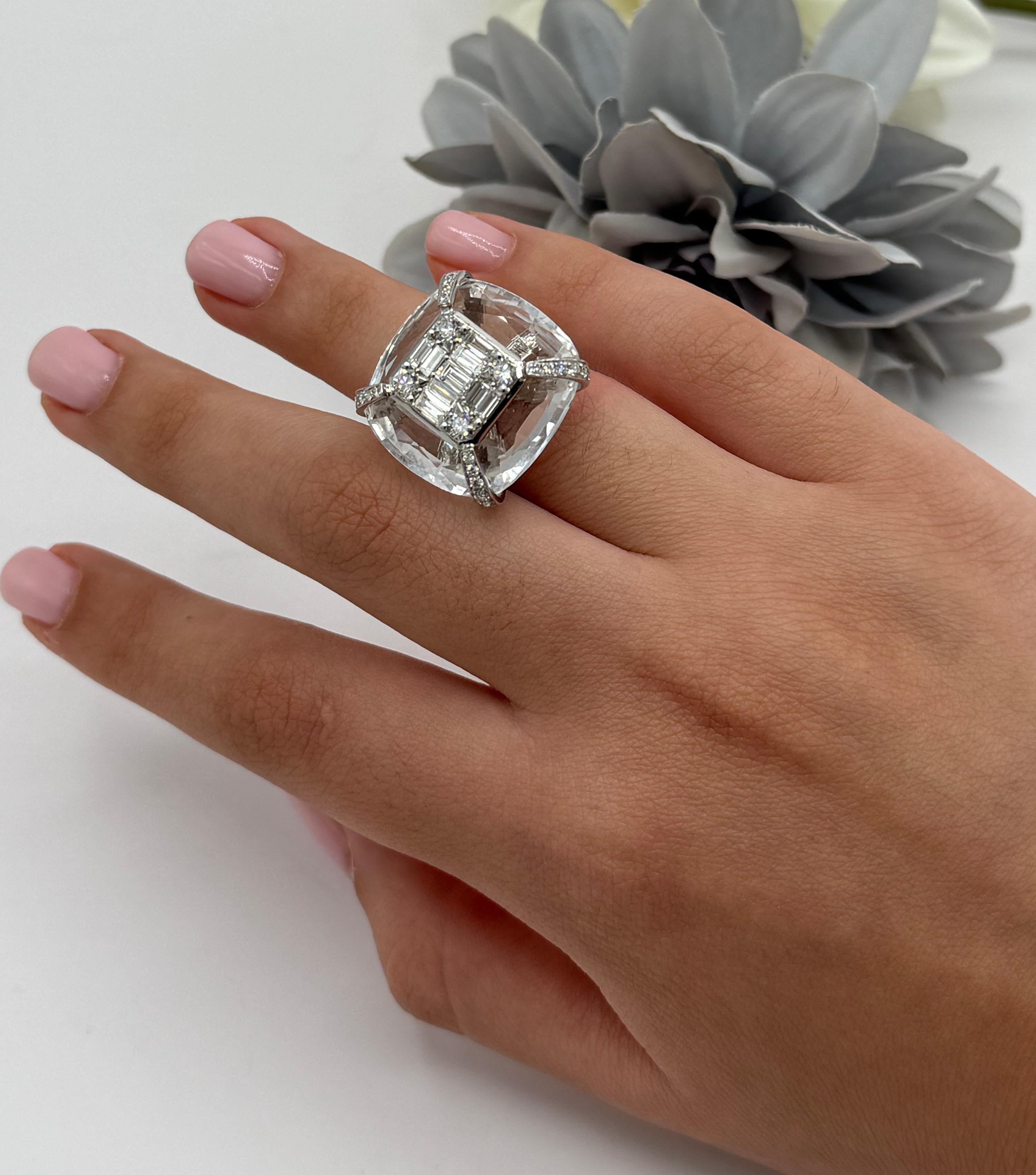 Women's or Men's 39.05 Carat Baguette Diamond Cushion Cut Crystal White Gold Ring For Sale