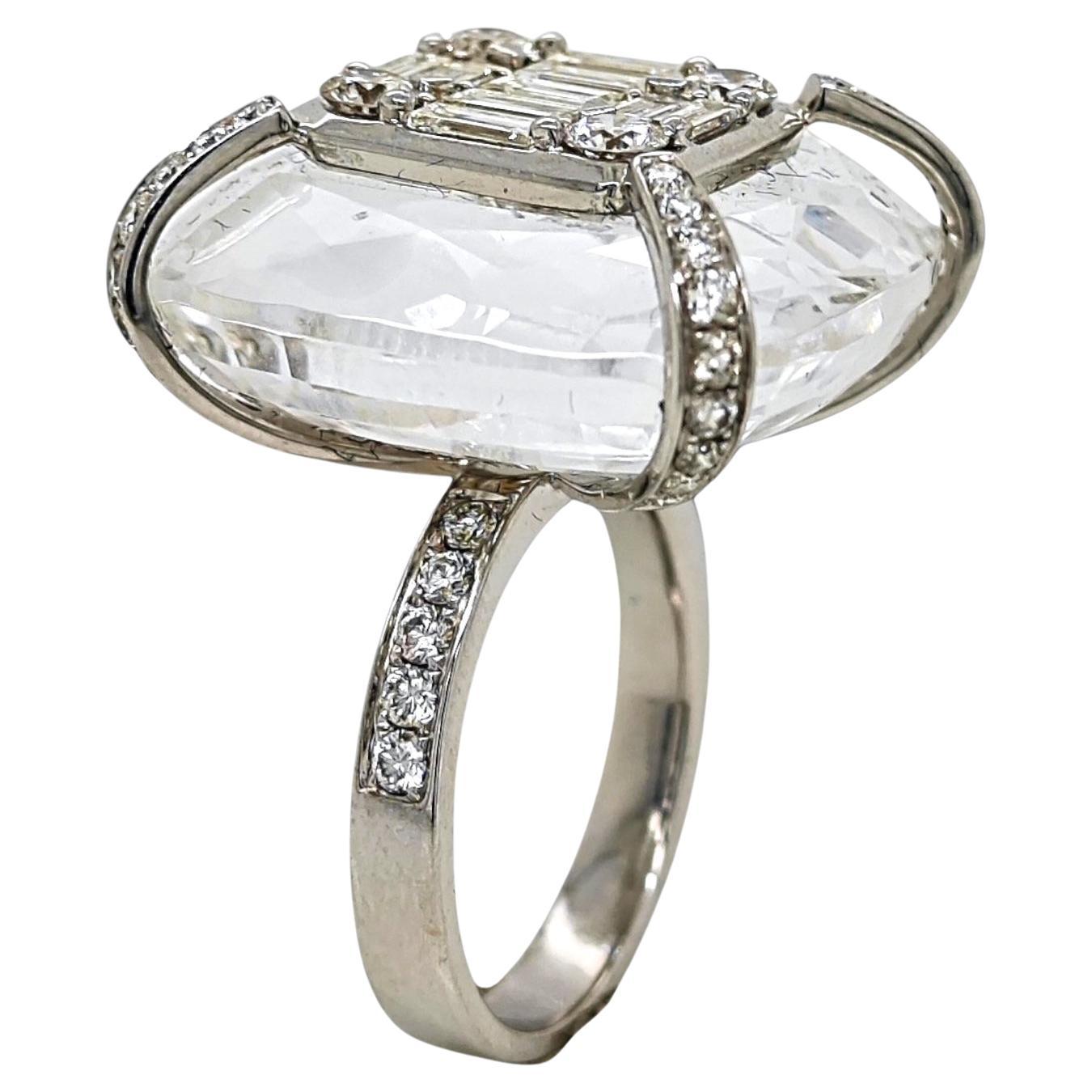 39.05 Carat Baguette Diamond Cushion Cut Crystal White Gold Ring For Sale