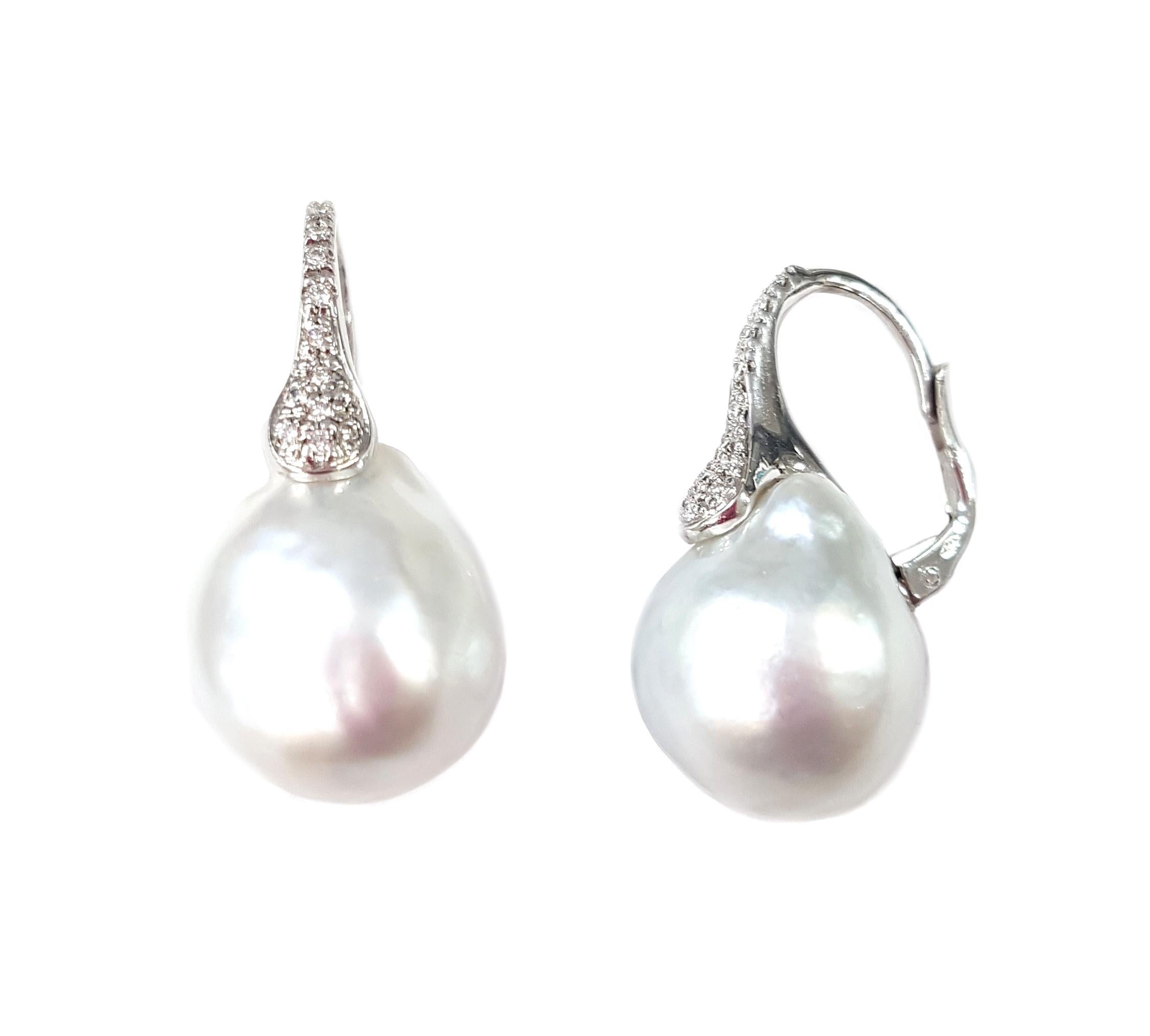 Round Cut 39.05 Carat Pearl and Diamond Drop Earrings in 18-Karat White Gold For Sale