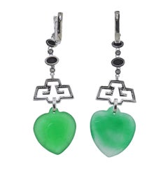 39.06ctw Jadeite Jade Diamond Onyx Gold Drop Earrings