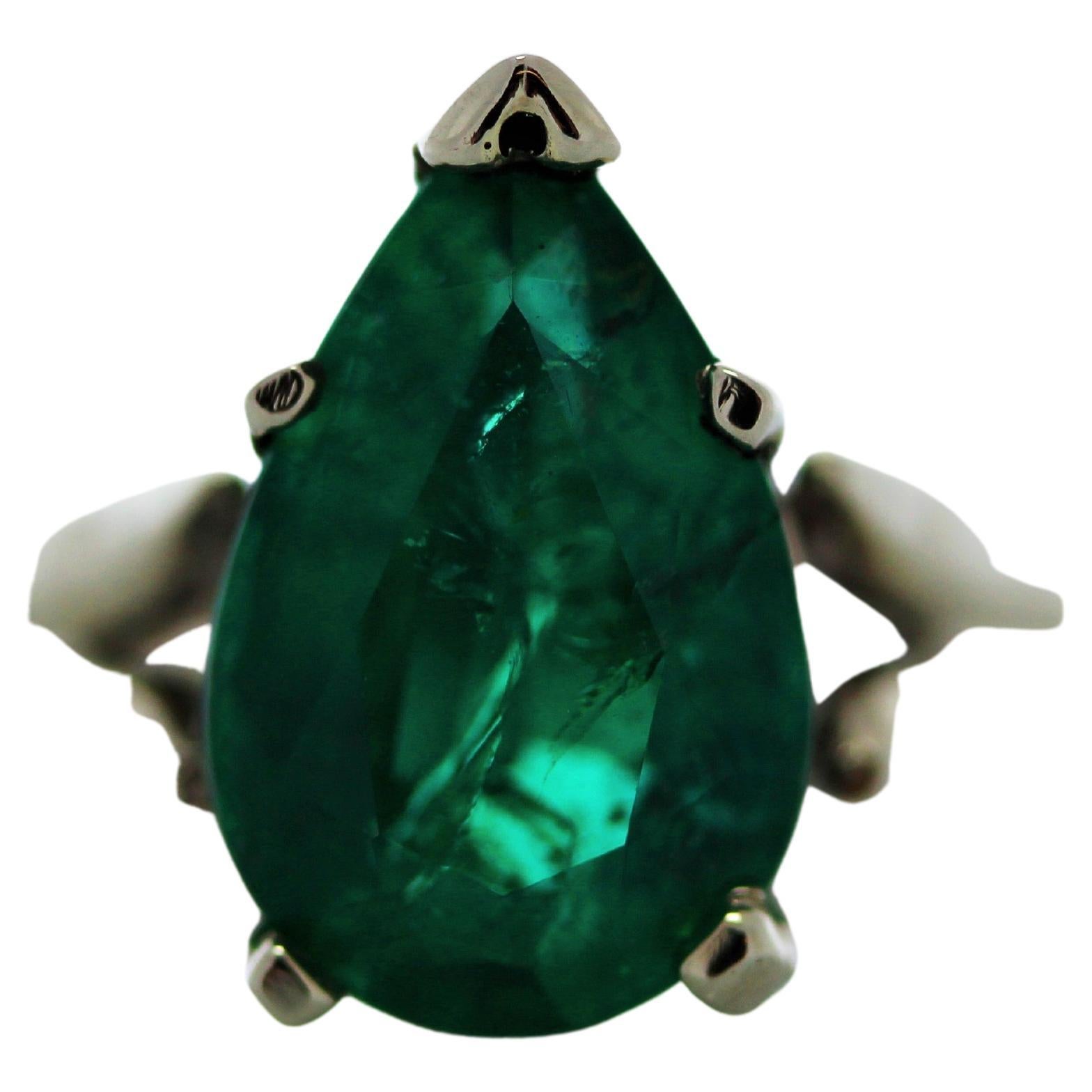 3.90ct Green Emerald Pear Shape Ring in 14K White Gold
