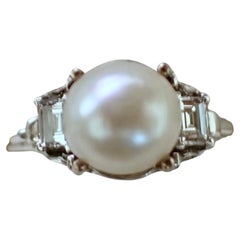 Bague en platine avec perle naturelle et diamant de 3,90ct Certificat GIA