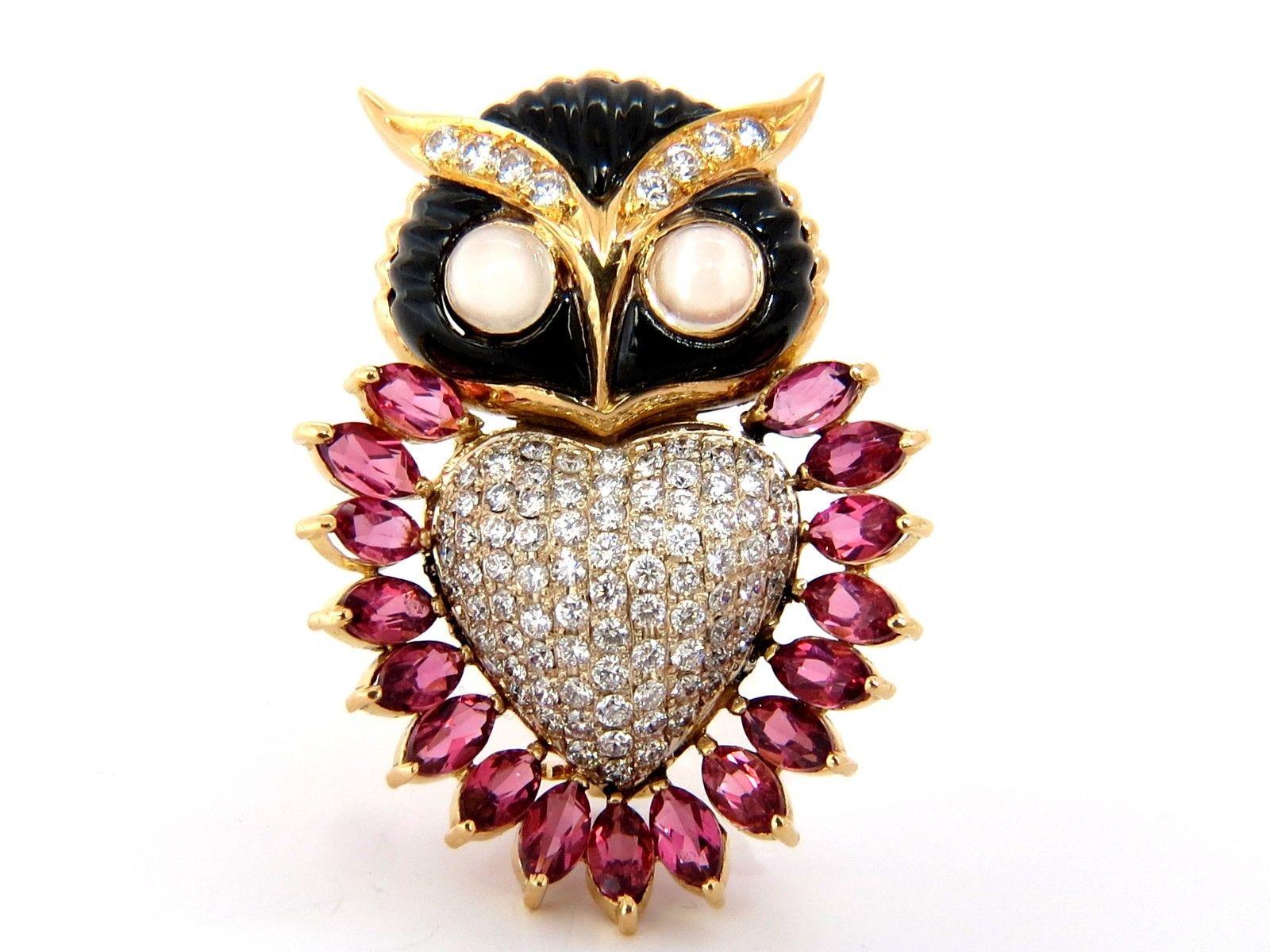 3D Real Life Owl Brooch.

Please notice details, beautifully intricate.

Excellent condition.

2.50ct. Natural Pink Tourmalines

Marquise cuts, clean clarity and transparent.

1.40ct. round diamonds:

G-color Vs-2 clarity.

With Natural Carved