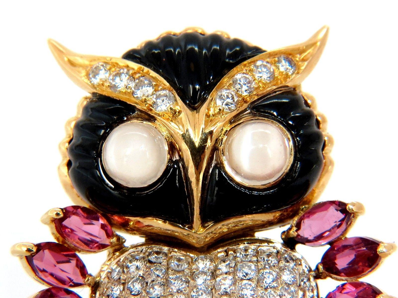 Women's or Men's 3.90CT Natural Tourmaline Diamonds Moonstone Black Onyx 3D Owl Brooch Pin 18KT For Sale