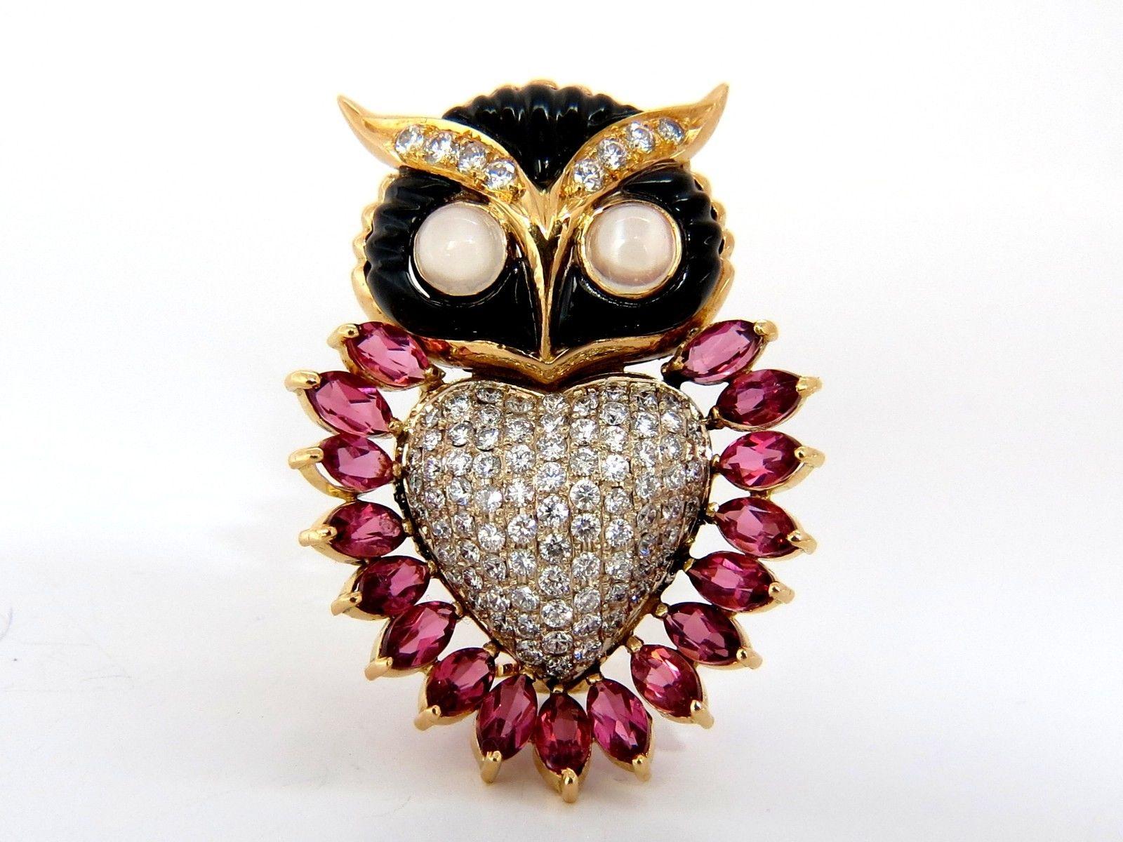 3.90CT Natural Tourmaline Diamonds Moonstone Black Onyx 3D Owl Brooch Pin 18KT For Sale 2