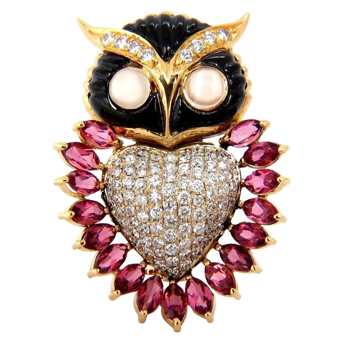 3.90CT Natural Tourmaline Diamonds Moonstone Black Onyx 3D Owl Brooch Pin 18KT For Sale