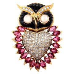 Broche hibou 3D en onyx noir et pierre de lune avec tourmaline naturelle de 3,90 carats et diamants, 18 carats