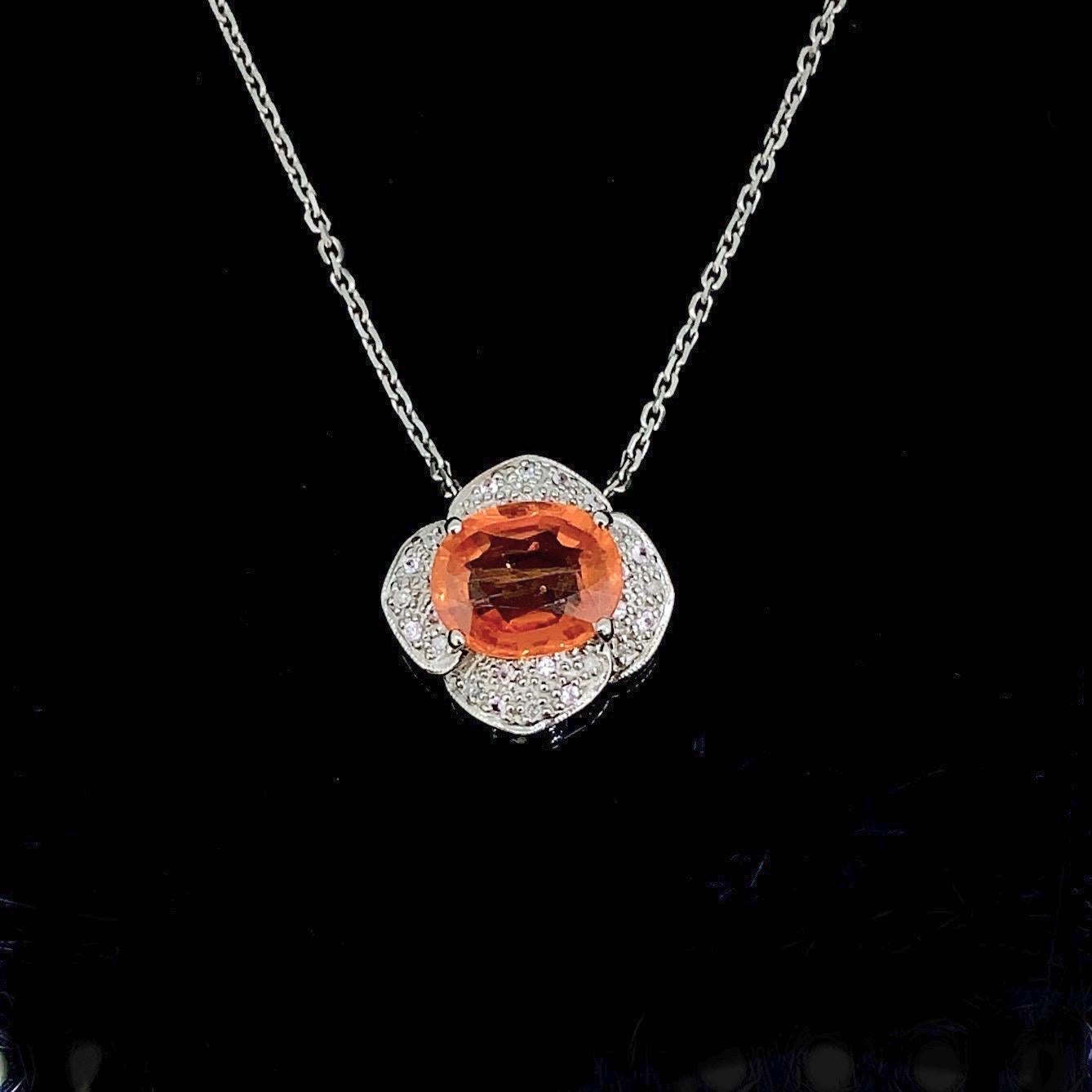 Oval Cut 3.90 Carat Orange Sapphire and Diamonds White Gold Pendant Necklace