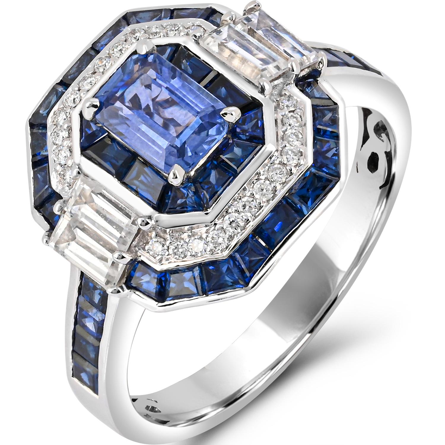 Art Deco 3.90 Carat T.W. Sapphire and Diamond Accent Cocktail Ring in 14k White Gold For Sale