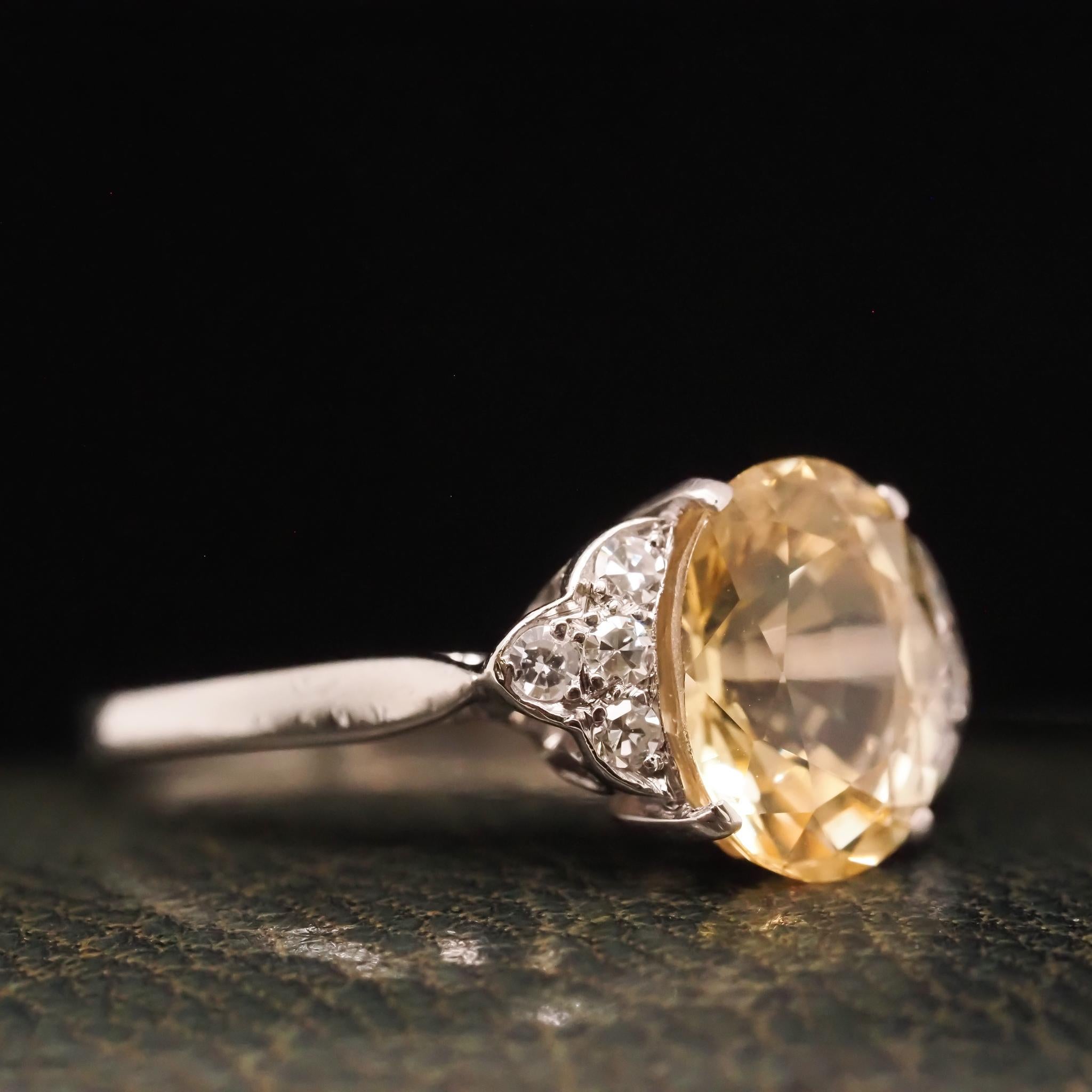 Oval Cut 3.90ct Unheated Yellow Sapphire Platinum Art Deco Engagement For Sale