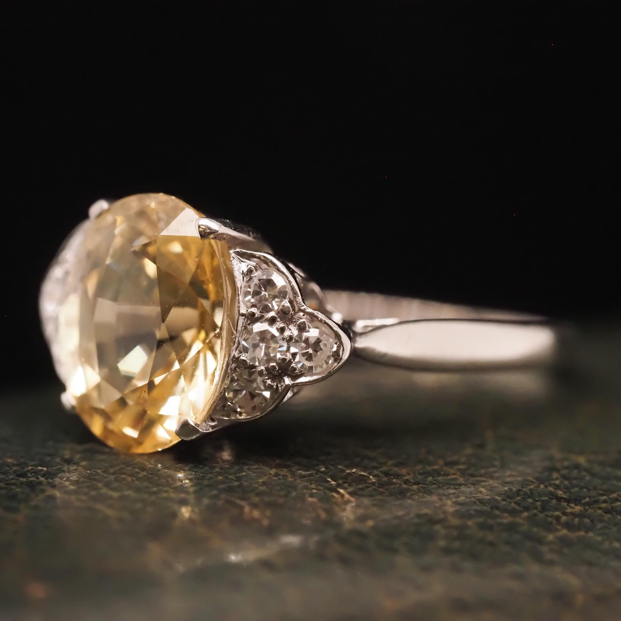 3.90ct Unheated Yellow Sapphire Platinum Art Deco Engagement For Sale 2