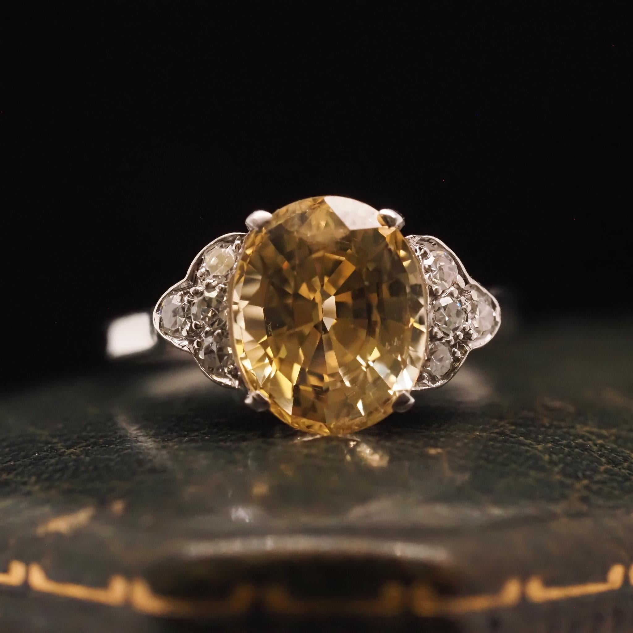 3.90ct Unheated Yellow Sapphire Platinum Art Deco Engagement For Sale 4