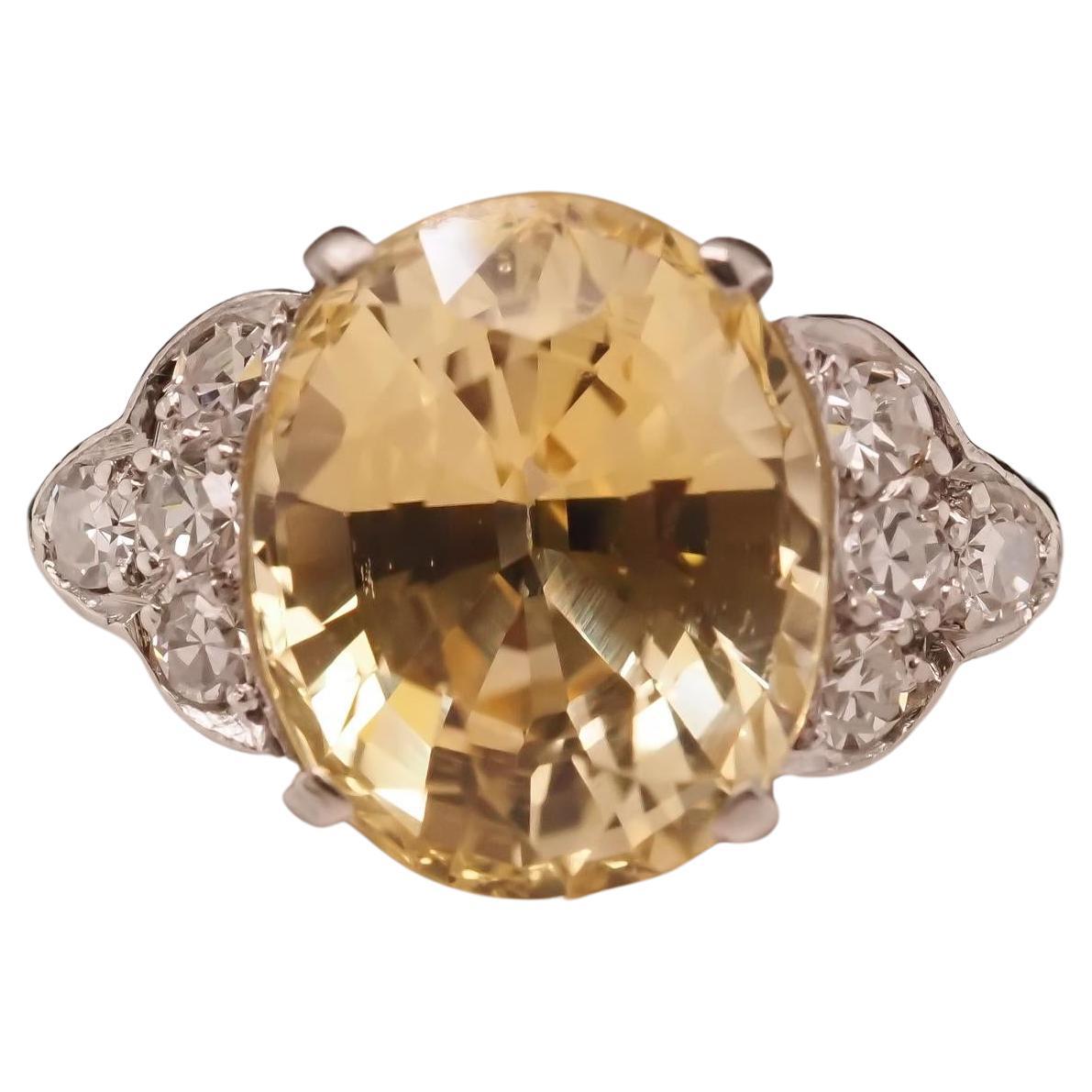 3.90ct Unheated Yellow Sapphire Platinum Art Deco Engagement For Sale