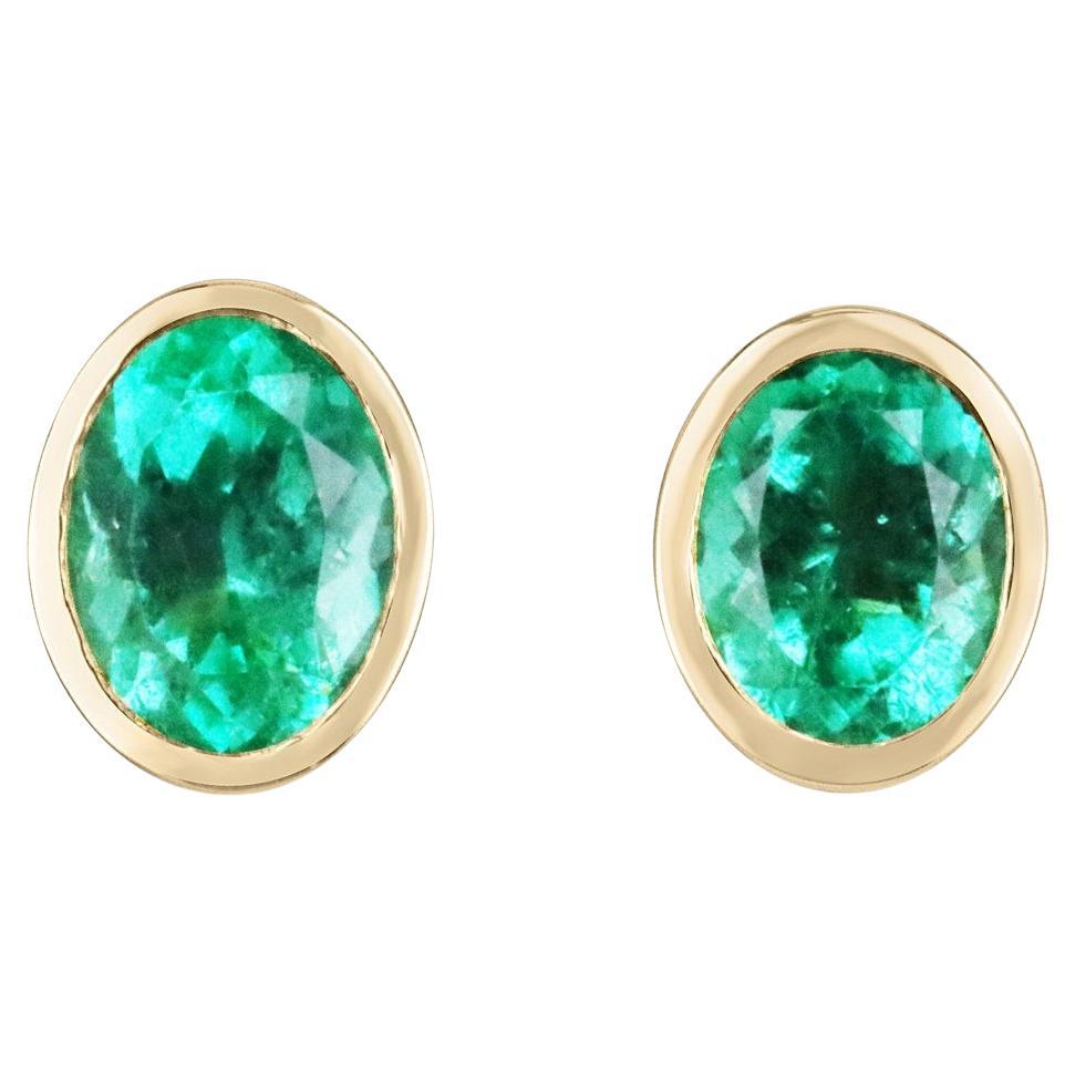 3.90tcw 18K Oval Bezel Set Emerald Stud Earrings Oval Emerald Anniversary Studs