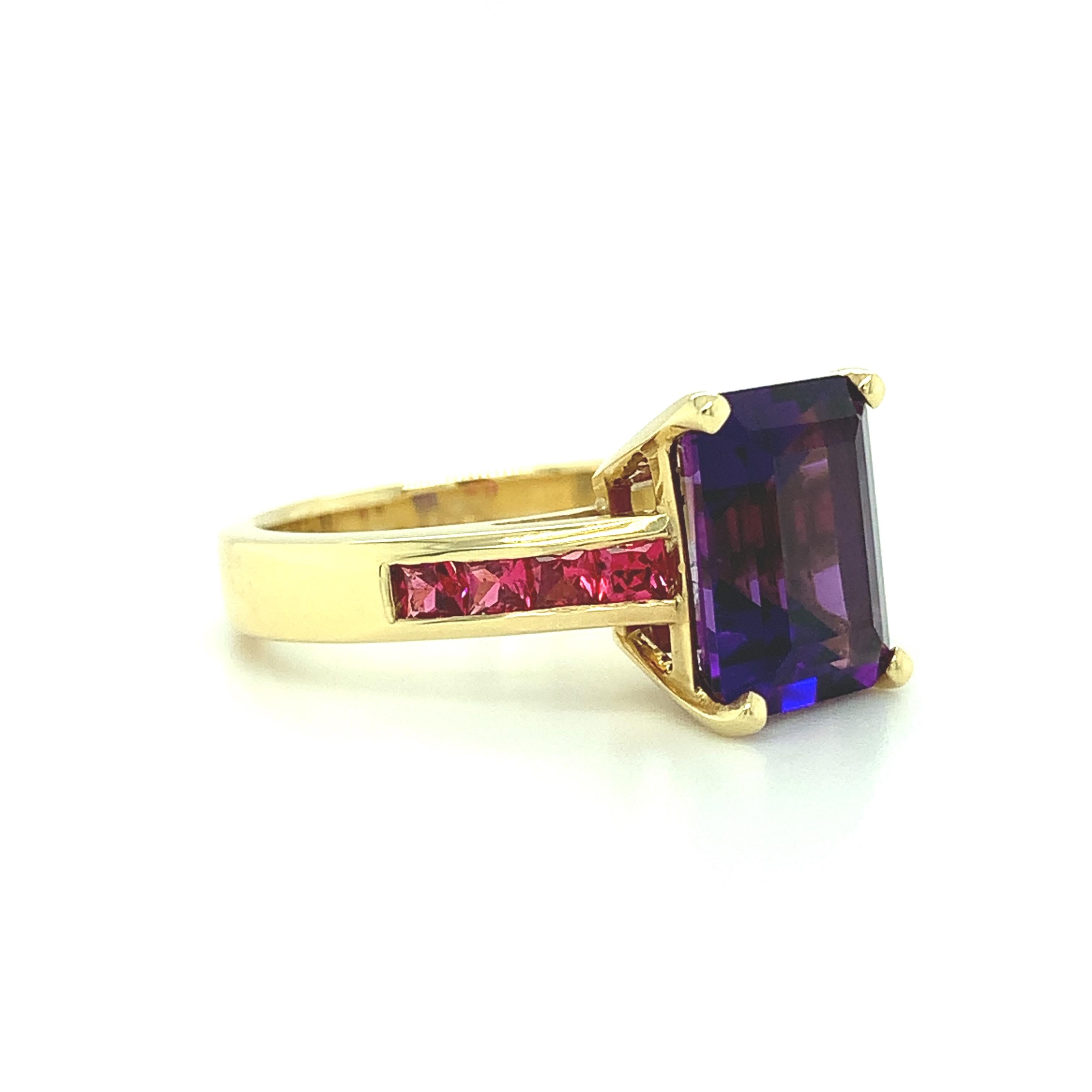 Artisan 3.91 Carat Amethyst and Channel Set Red Spinel Band Ring in Yellow Gold For Sale