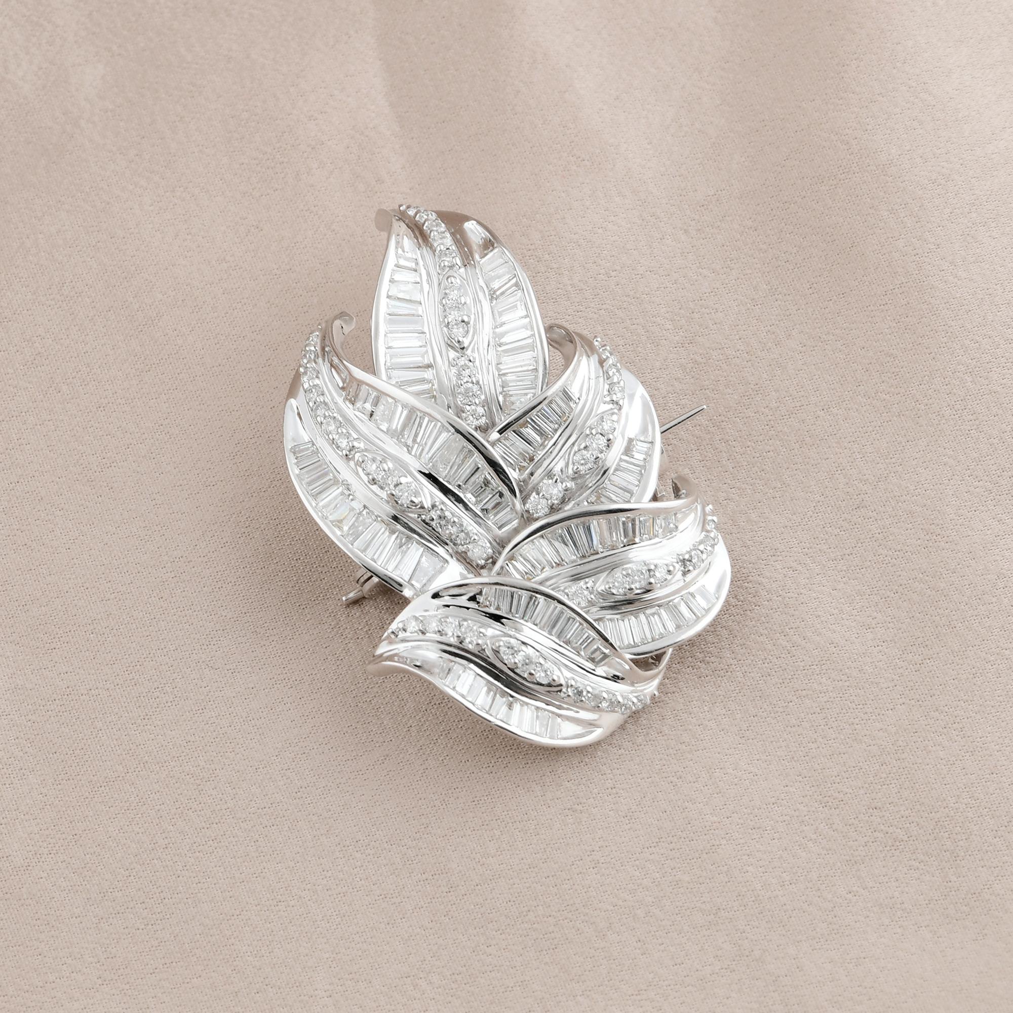 Modern 3.91 Carat Baguette Diamond Leaf Brooch 18 Karat White Gold Pendant Fine Jewelry For Sale