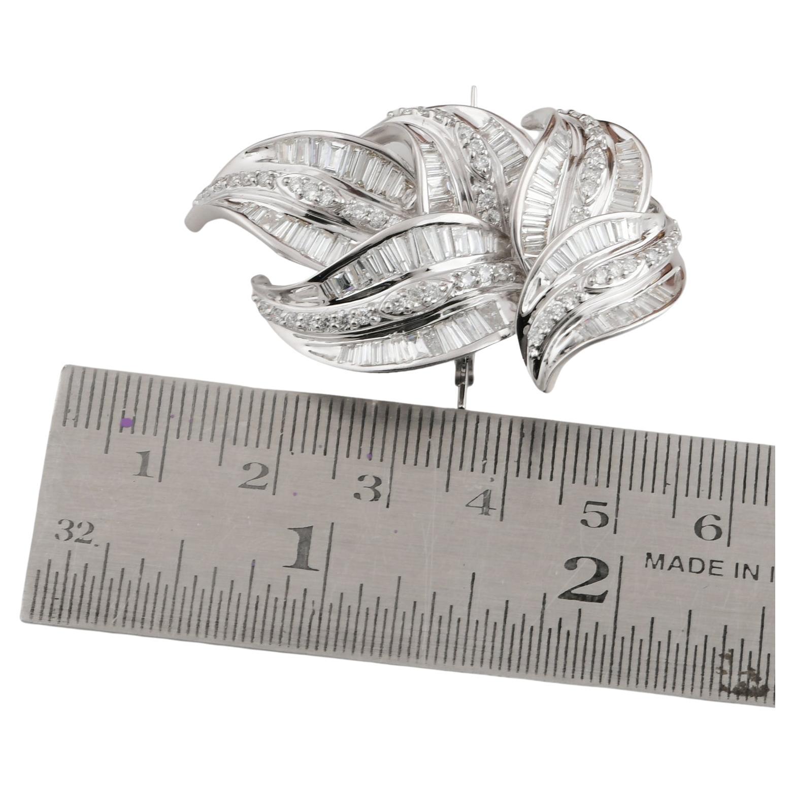 Baguette Cut 3.91 Carat Baguette Diamond Leaf Brooch 18 Karat White Gold Pendant Fine Jewelry For Sale