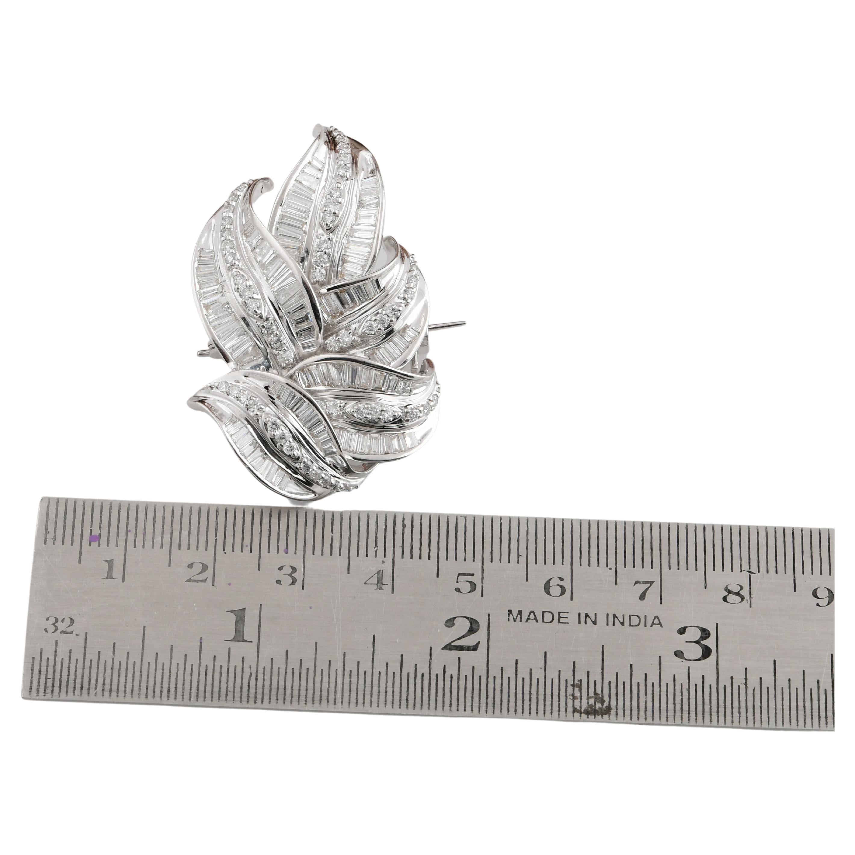 Women's 3.91 Carat Baguette Diamond Leaf Brooch 18 Karat White Gold Pendant Fine Jewelry For Sale