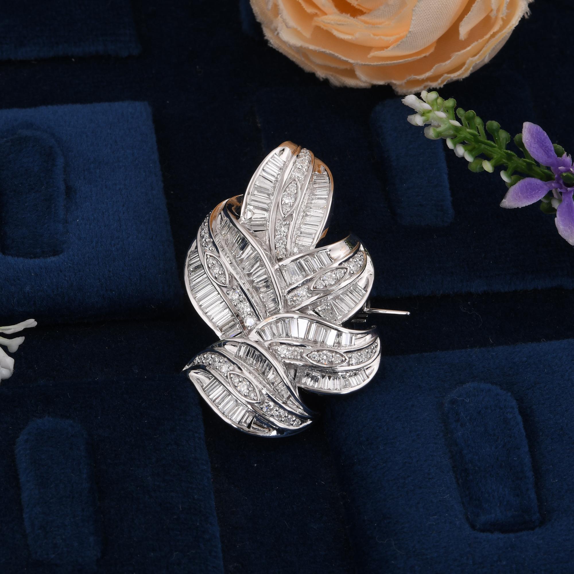 3.91 Carat Baguette Diamond Leaf Brooch 18 Karat White Gold Pendant Fine Jewelry For Sale 1