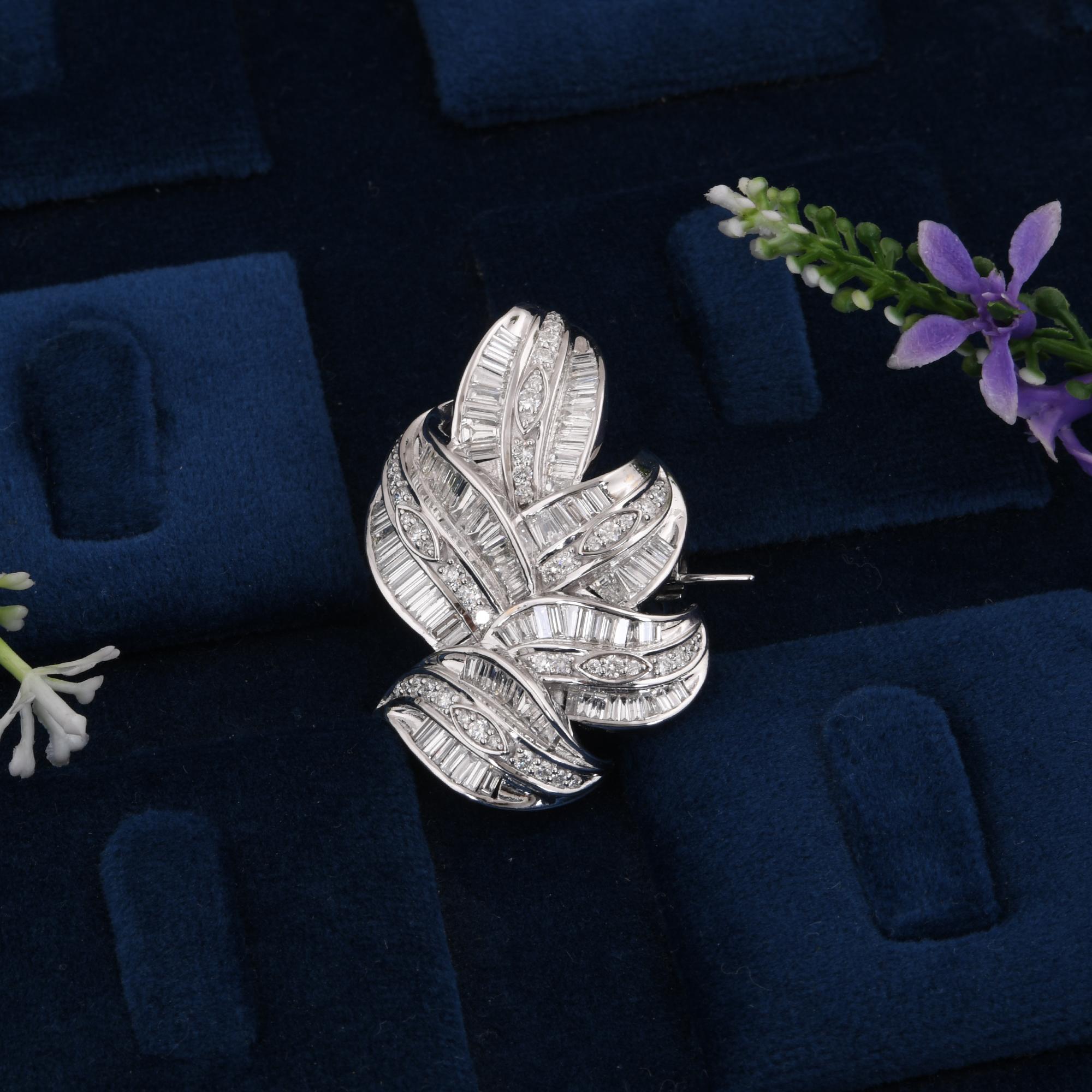 3.91 Carat Baguette Diamond Leaf Brooch 18 Karat White Gold Pendant Fine Jewelry For Sale 2