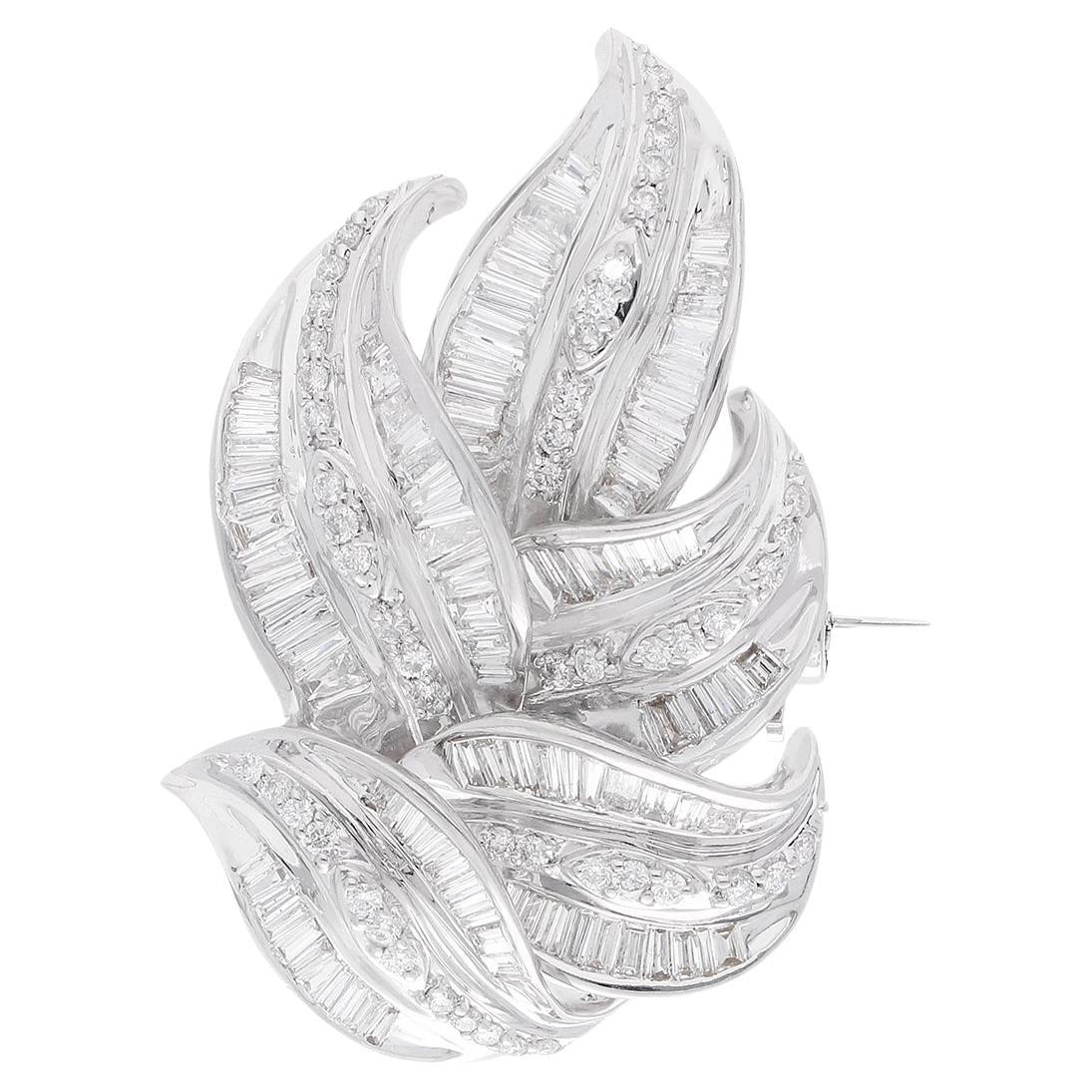 3.91 Carat Baguette Diamond Leaf Brooch 18 Karat White Gold Pendant Fine Jewelry For Sale