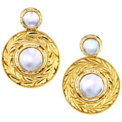 Moonstone Drop Earrings Bezel Set in Hand Engraved Yellow Gold Moonstone Drop Earrings Bezel Set in Hand Engraved Yellow Gold