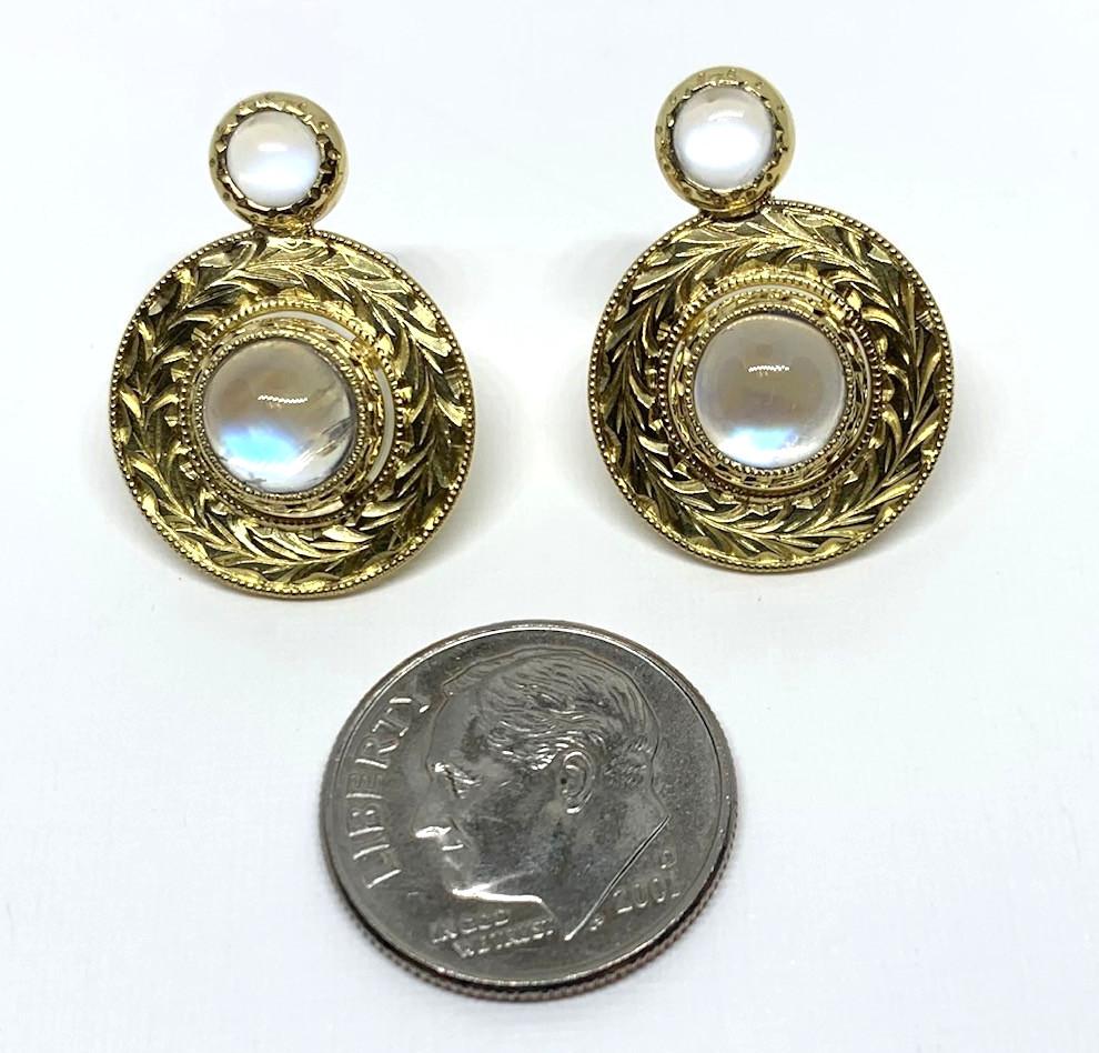  Moonstone Drop Earrings Bezel Set in Hand Engraved Yellow Gold  2