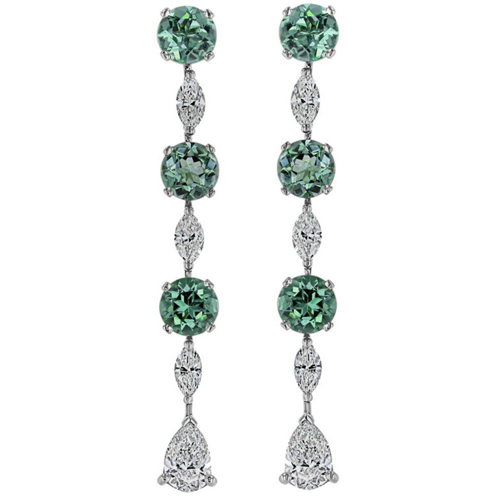 3.91 Carat Green Tourmaline and Diamond Drop Earrings For Sale