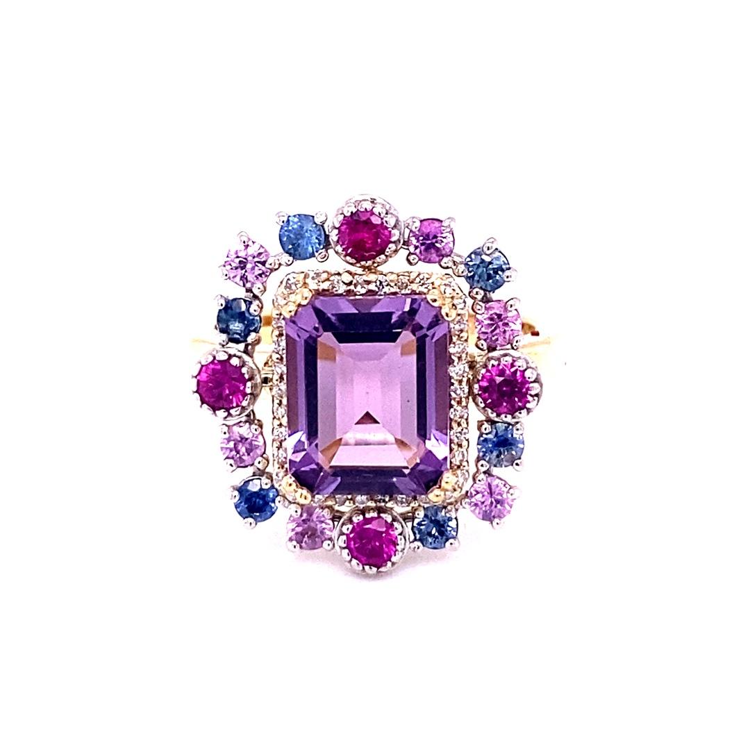 Emerald Cut 3.91 Carat Natural Amethyst Diamond Sapphire White Gold Cocktail Ring For Sale