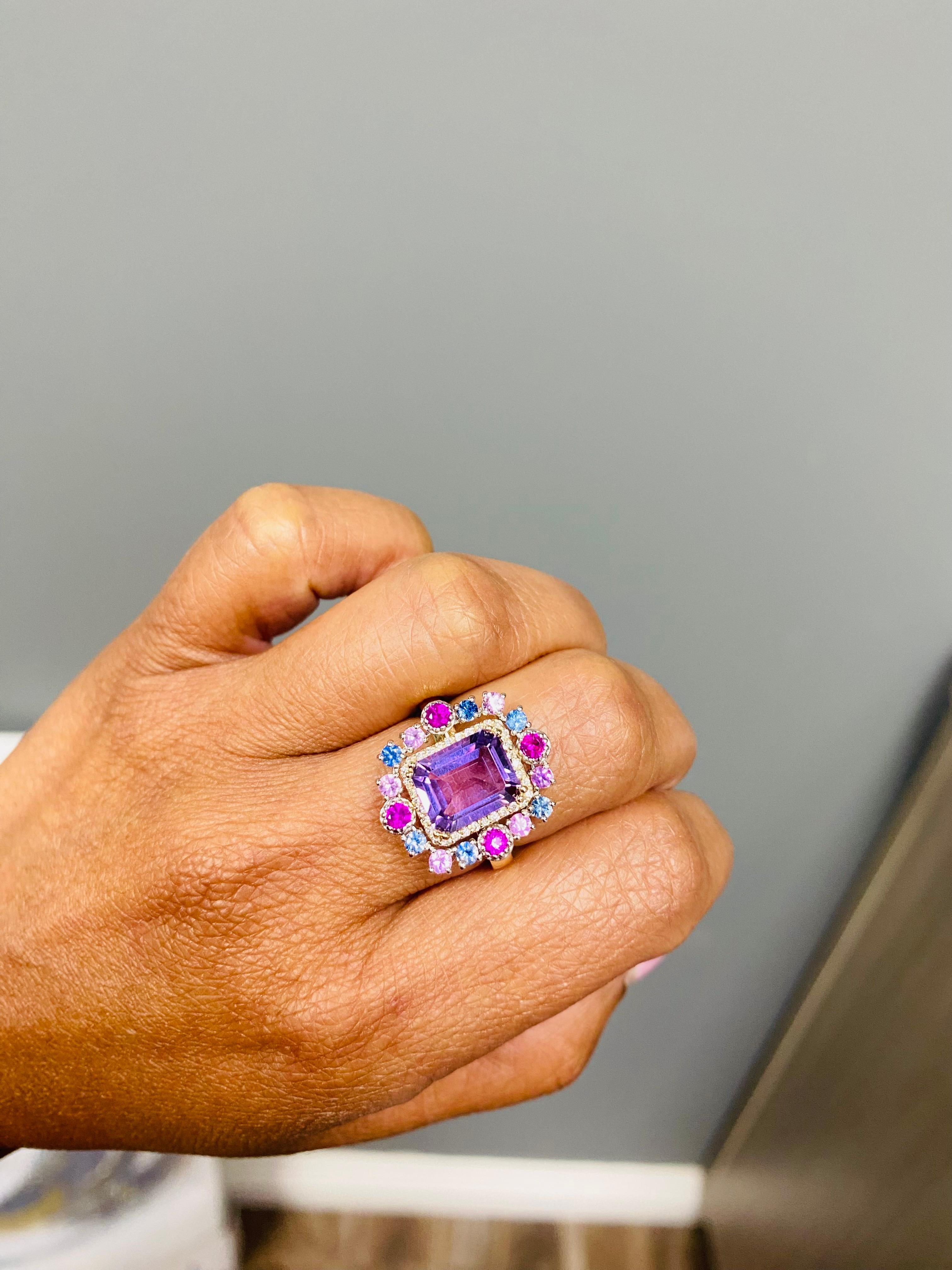 3.91 Carat Natural Amethyst Diamond Sapphire White Gold Cocktail Ring In New Condition For Sale In Los Angeles, CA