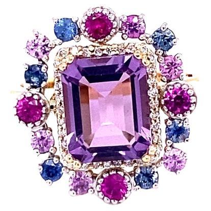 3.91 Carat Natural Amethyst Diamond Sapphire White Gold Cocktail Ring