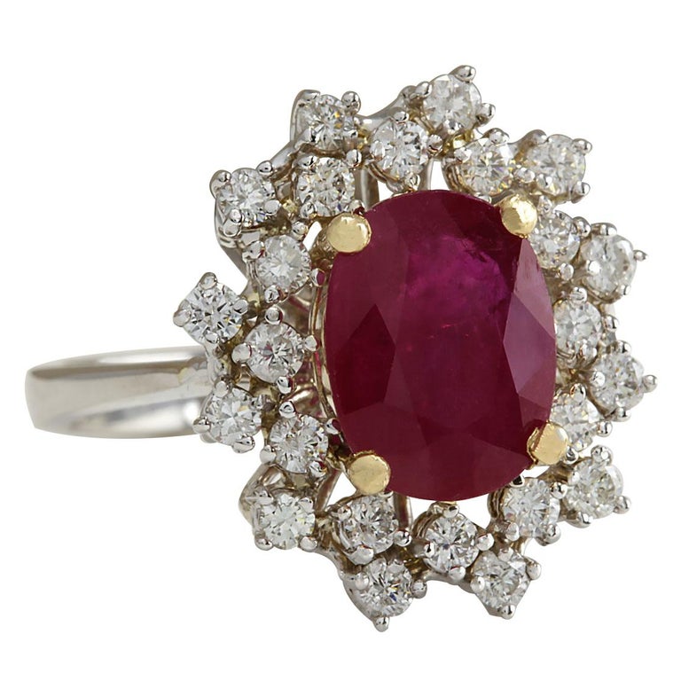 3.91 Carat Natural Ruby 18 Karat White Gold Diamond Ring For Sale at