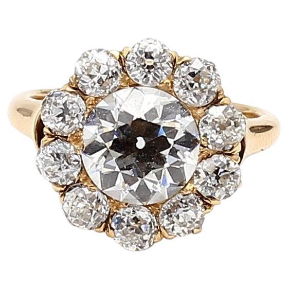 3.91 Carat Old European Cut I VVS Diamond 18 Karat Yellow Gold Cluster Ring For Sale