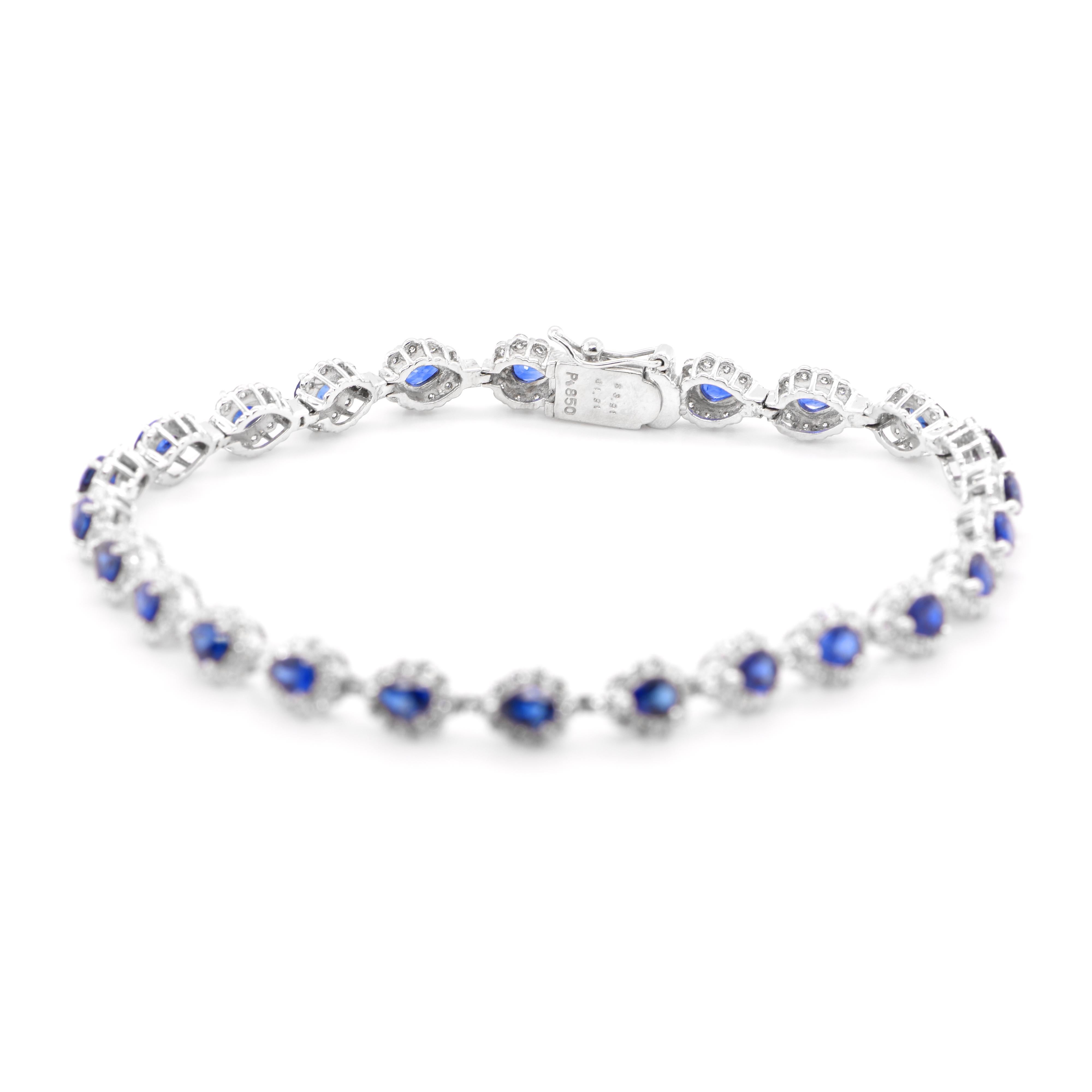 Pear Cut 3.91 Carats, Natural Sapphire and Diamond Tennis Bracelet Set in Platinum