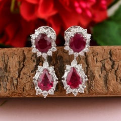 18K White Gold Ruby and Diamond Halo Drop Earrings, 3.15ct Ruby
