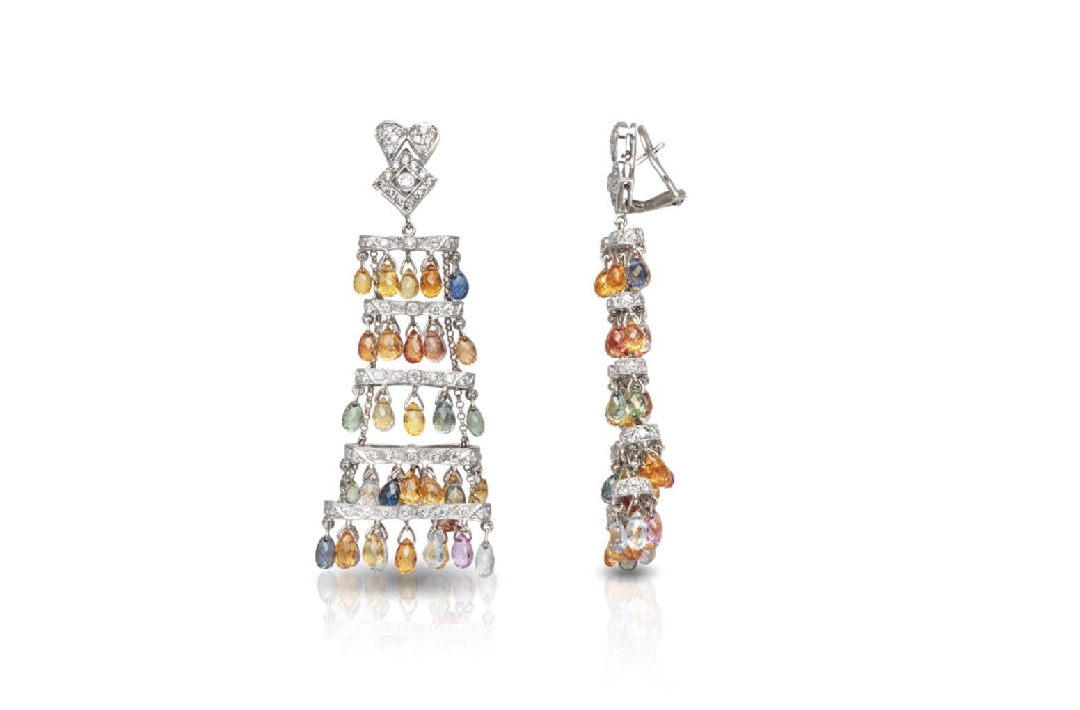 Finely crafted in 18k white gold with Briolette cut multi-color Sapphires weighing a total of 39.10 carats and Round Brilliant cut Diamonds weighing a total of 2.50 carats.
2 1/2 inches long