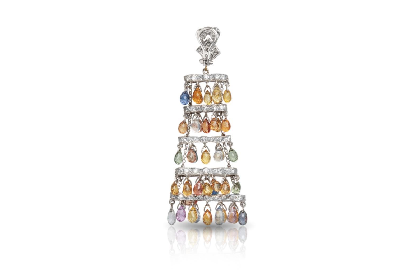 39.10 Carat Multi-Color Sapphire Chandelier Earrings with Diamonds Corte Briolette en venta