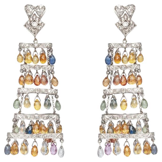 39.10 Carat Multi-Color Sapphire Chandelier Earrings with Diamonds